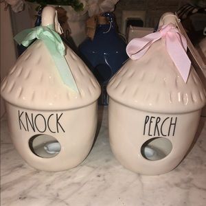 Rae Dunn Knock and Perch birdhouses.